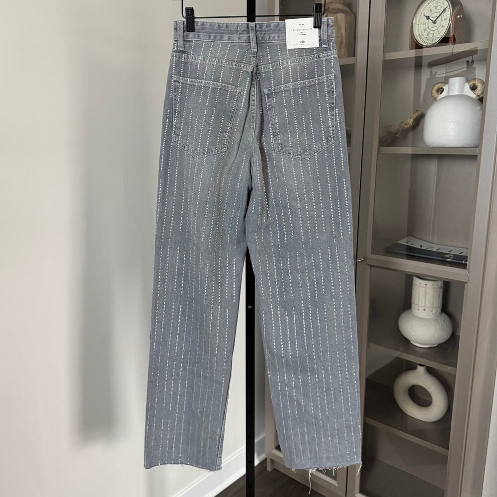 Zara Boy Boy Fit w Embellishment Striped Relaxed Straight Jeans 4 NEW Grey Denim - Picture 5 of 7